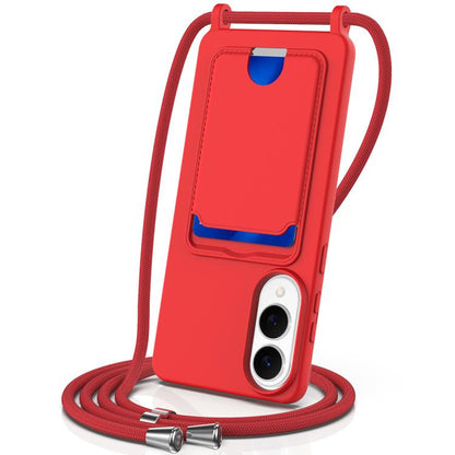 Integrated Card Bag Solid Color Liquid Silicone Phone Case with Lanyard