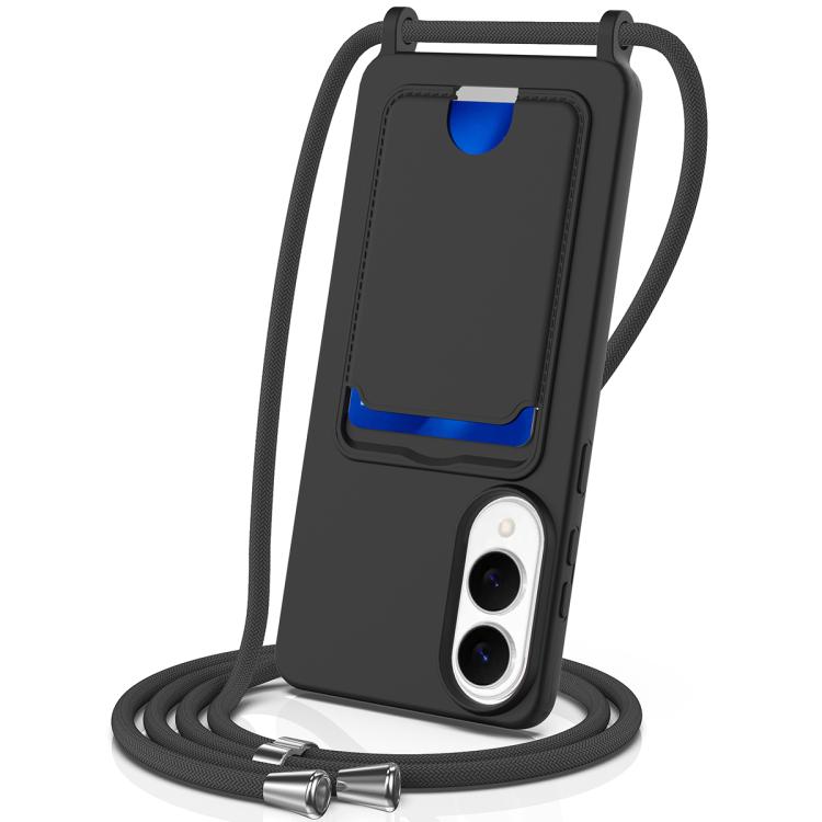 Integrated Card Bag Solid Color Liquid Silicone Phone Case with Lanyard