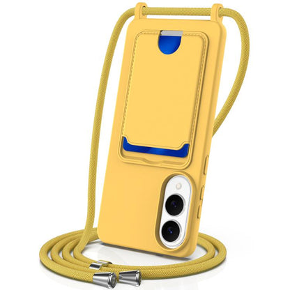 Integrated Card Bag Solid Color Liquid Silicone Phone Case with Lanyard