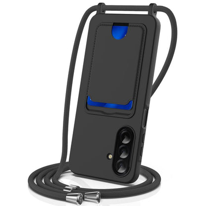 Integrated Card Bag Solid Color Liquid Silicone Phone Case with Lanyard