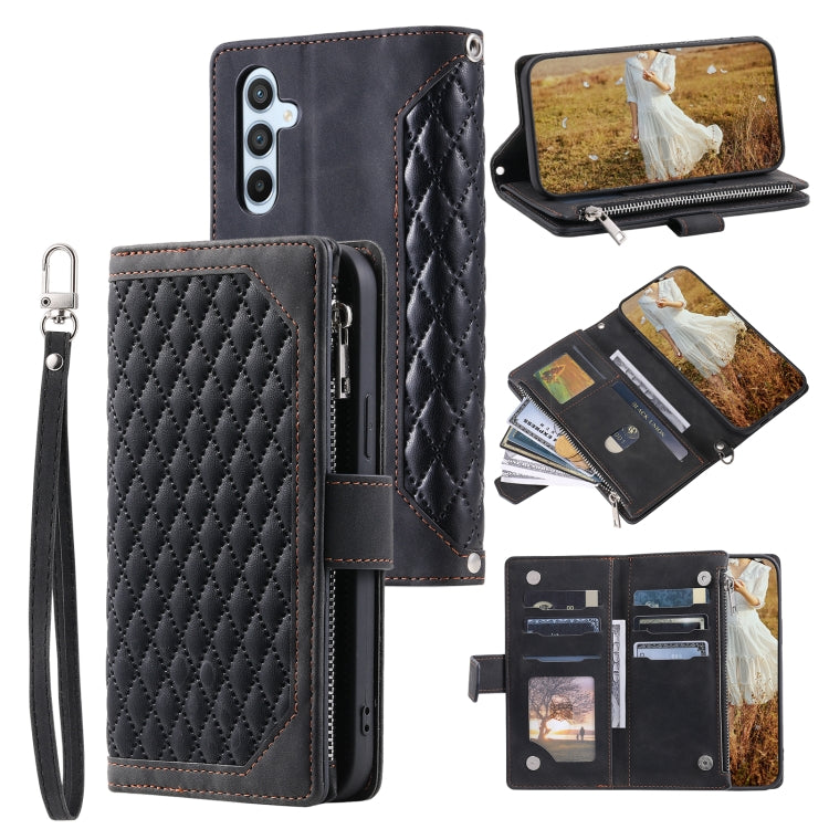 Grid Texture Zipper Leather Phone Case with Lanyard