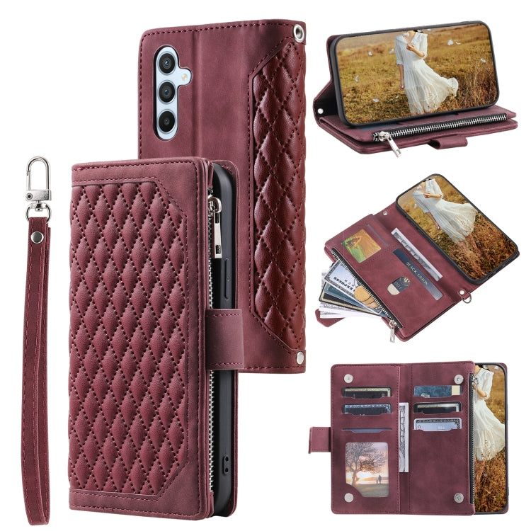 Grid Texture Zipper Leather Phone Case with Lanyard