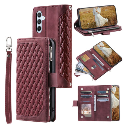 Grid Texture Zipper Leather Phone Case with Lanyard