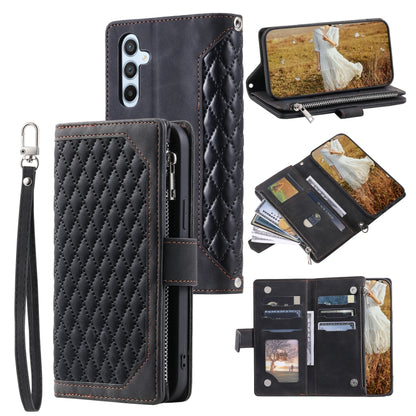 Grid Texture Zipper Leather Phone Case with Lanyard