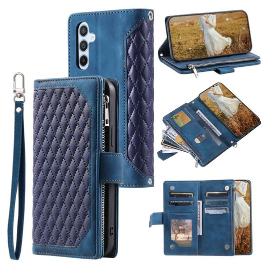 Grid Texture Zipper Leather Phone Case with Lanyard