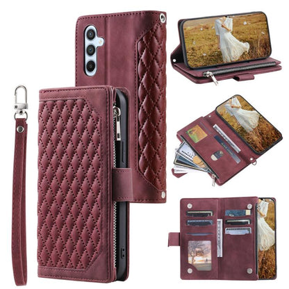 Grid Texture Zipper Leather Phone Case with Lanyard