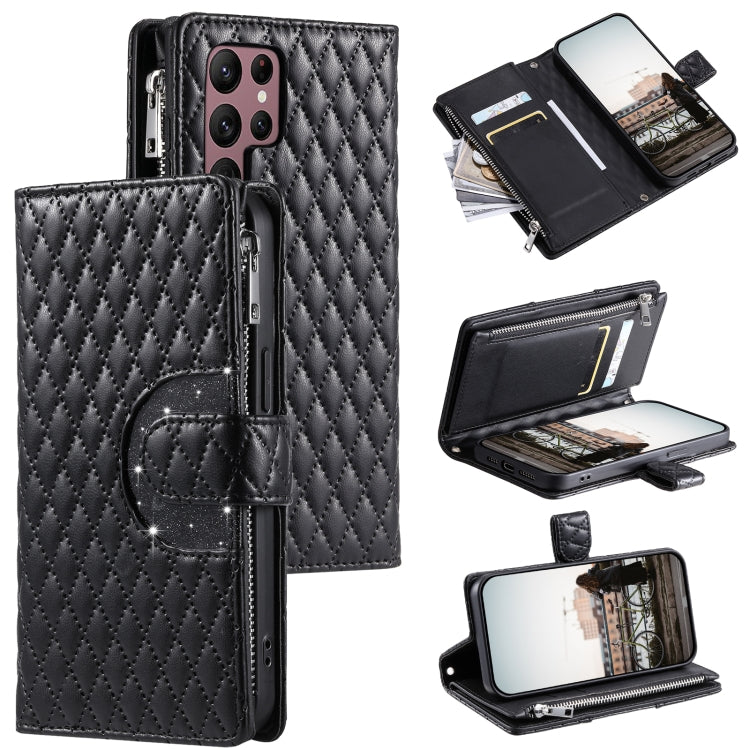 Glitter Lattice Zipper Wallet Leather Phone Case