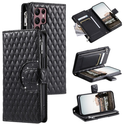 Glitter Lattice Zipper Wallet Leather Phone Case