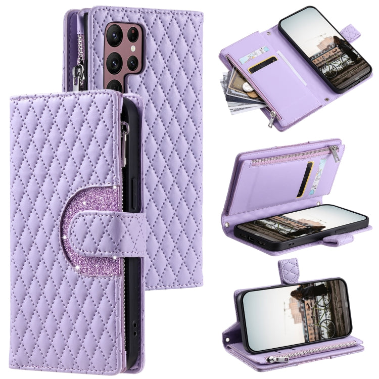 Glitter Lattice Zipper Wallet Leather Phone Case