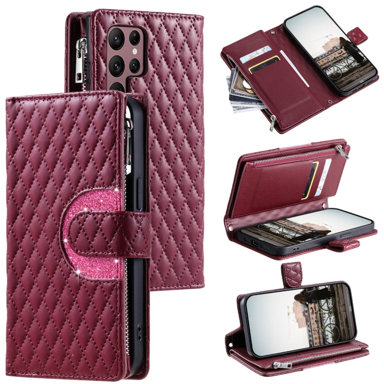 Glitter Lattice Zipper Wallet Leather Phone Case