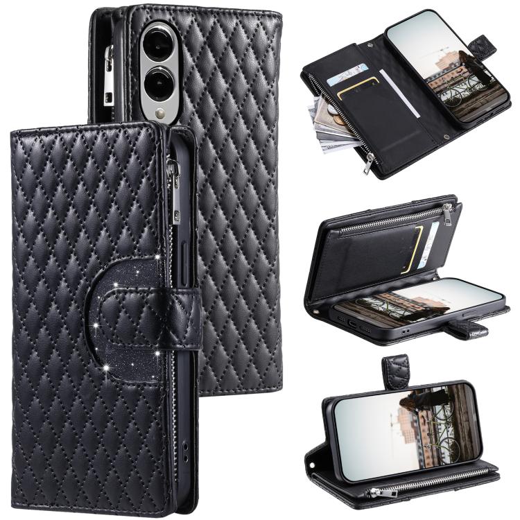 Glitter Lattice Zipper Wallet Leather Phone Case