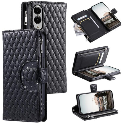 Glitter Lattice Zipper Wallet Leather Phone Case