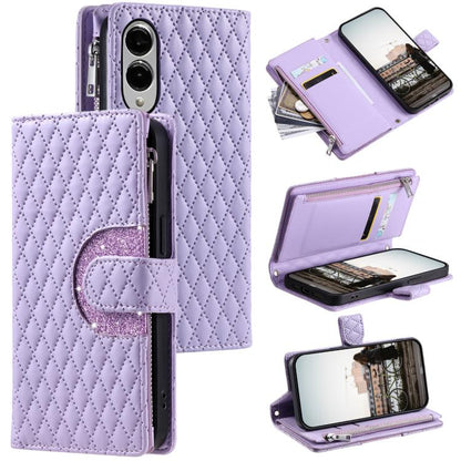Glitter Lattice Zipper Wallet Leather Phone Case