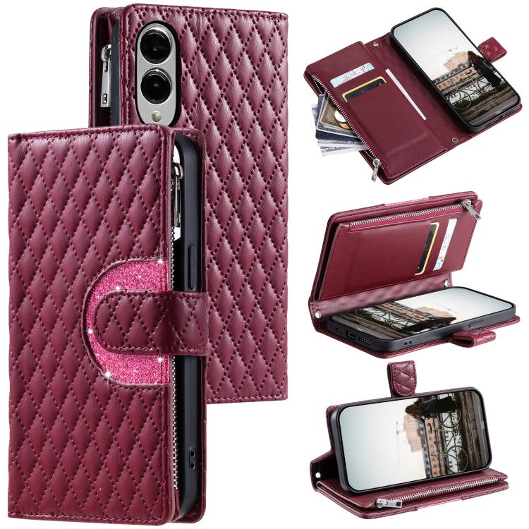 Glitter Lattice Zipper Wallet Leather Phone Case