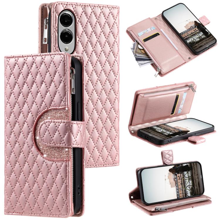 Glitter Lattice Zipper Wallet Leather Phone Case