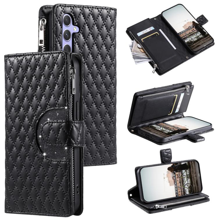 Glitter Lattice Zipper Wallet Leather Phone Case