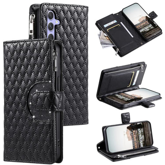 Glitter Lattice Zipper Wallet Leather Phone Case