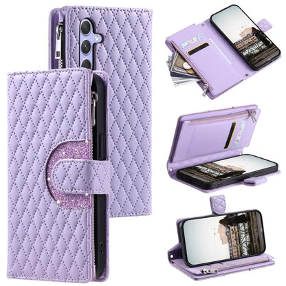Glitter Lattice Zipper Wallet Leather Phone Case