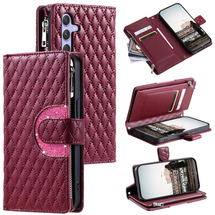 Glitter Lattice Zipper Wallet Leather Phone Case