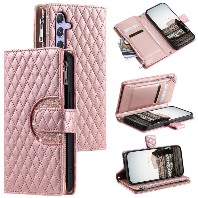 Glitter Lattice Zipper Wallet Leather Phone Case