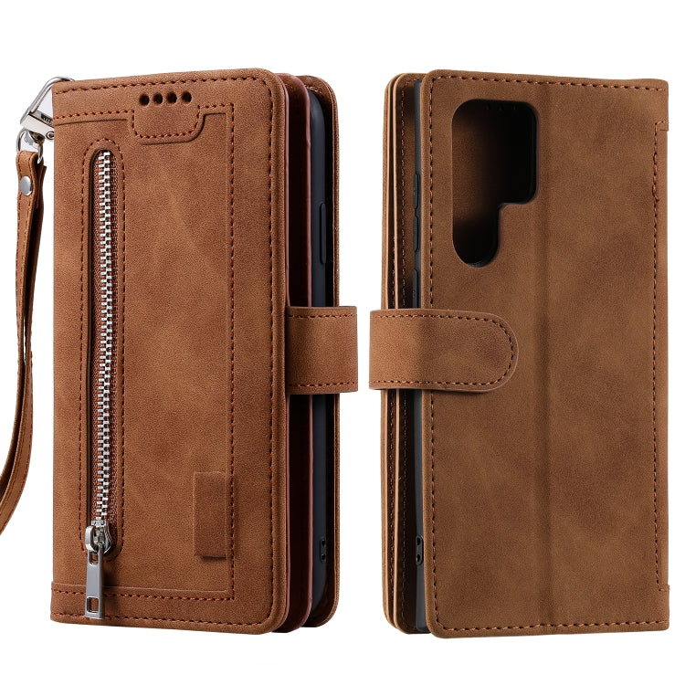Nine Card Zipper Bag Leather Phone Case with Lanyard