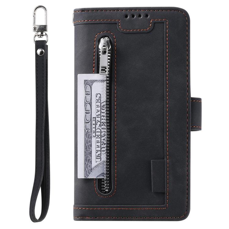 Nine Card Zipper Bag Leather Phone Case with Lanyard