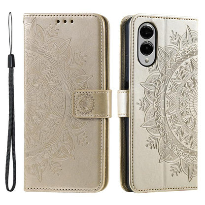 Totem Flower Embossed Leather Phone Case with Lanyard