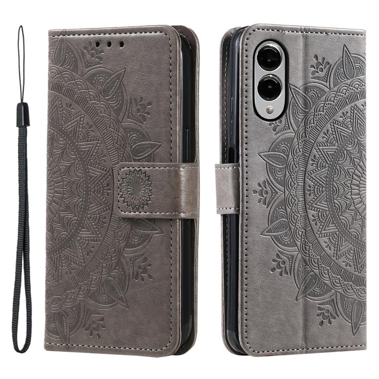 Totem Flower Embossed Leather Phone Case with Lanyard