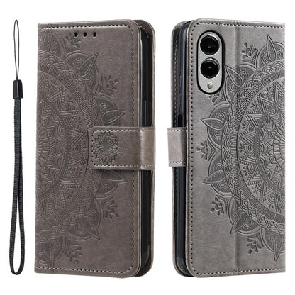 Totem Flower Embossed Leather Phone Case with Lanyard