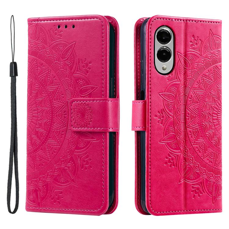 Totem Flower Embossed Leather Phone Case with Lanyard