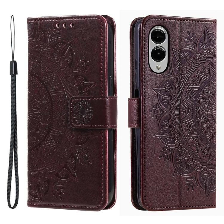 Totem Flower Embossed Leather Phone Case with Lanyard