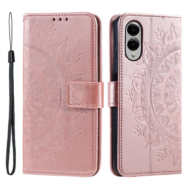 Totem Flower Embossed Leather Phone Case with Lanyard