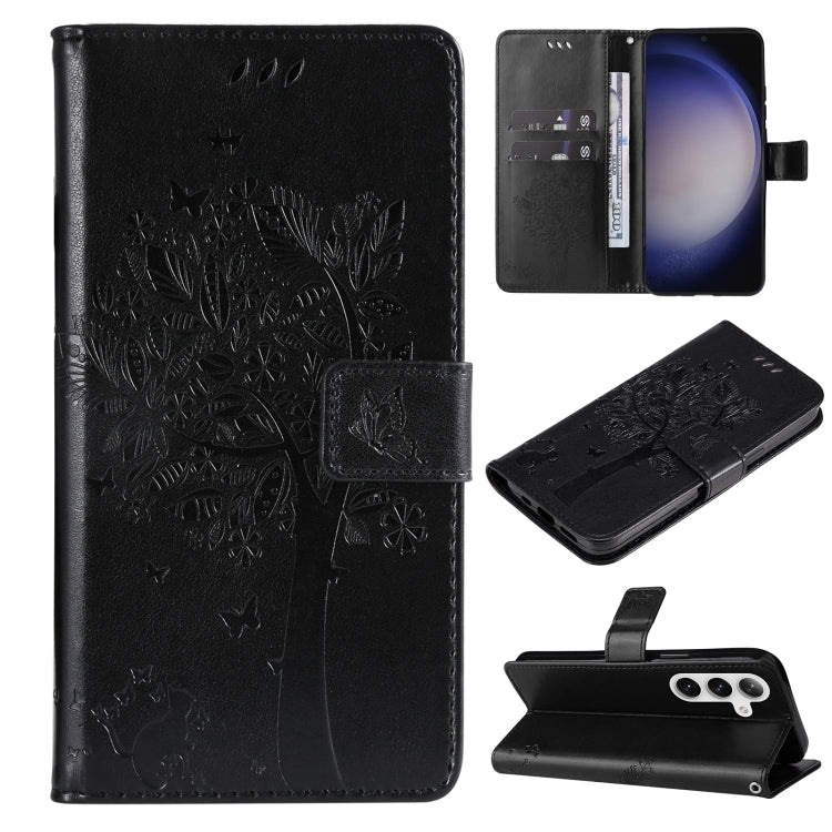 Tree & Cat Embossed Pattern Flip Leather Phone Case