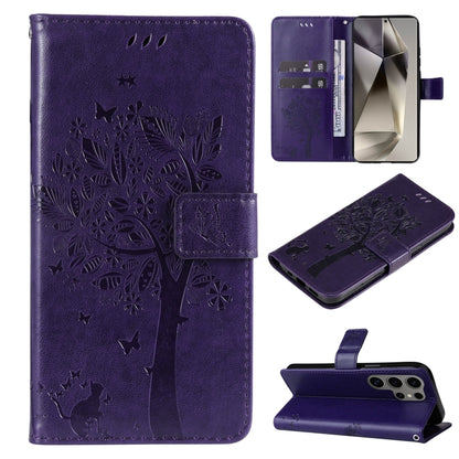 Tree & Cat Embossed Pattern Flip Leather Phone Case