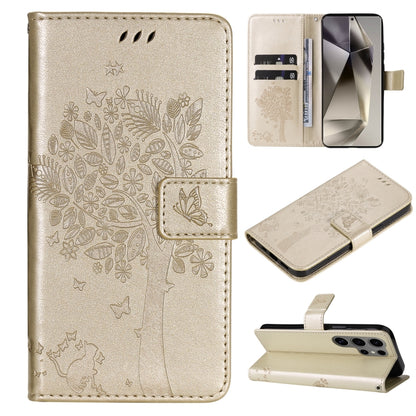 Tree & Cat Embossed Pattern Flip Leather Phone Case