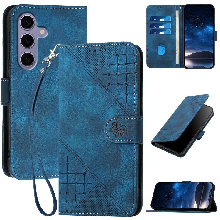 Grid Butterfly Embossed Pattern Leather Phone Case with Lanyard