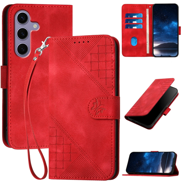 Grid Butterfly Embossed Pattern Leather Phone Case with Lanyard