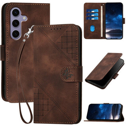 Grid Butterfly Embossed Pattern Leather Phone Case with Lanyard