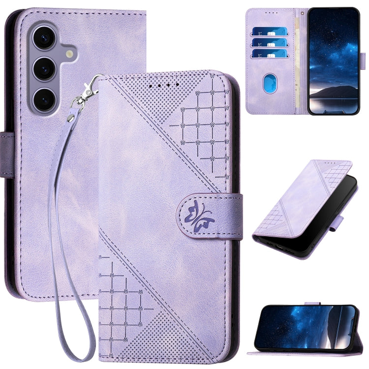 Grid Butterfly Embossed Pattern Leather Phone Case with Lanyard