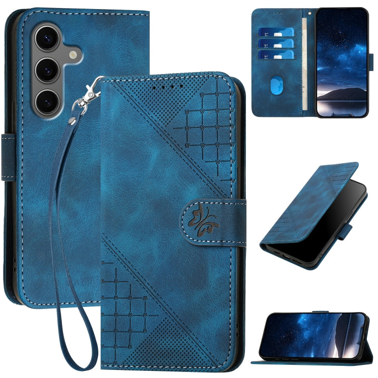 Grid Butterfly Embossed Pattern Leather Phone Case with Lanyard