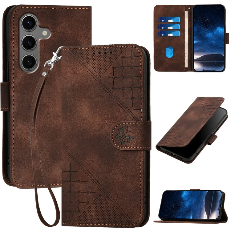Grid Butterfly Embossed Pattern Leather Phone Case with Lanyard