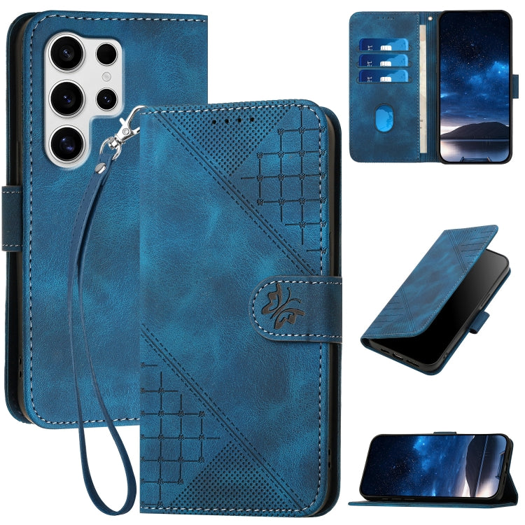 Grid Butterfly Embossed Pattern Leather Phone Case with Lanyard