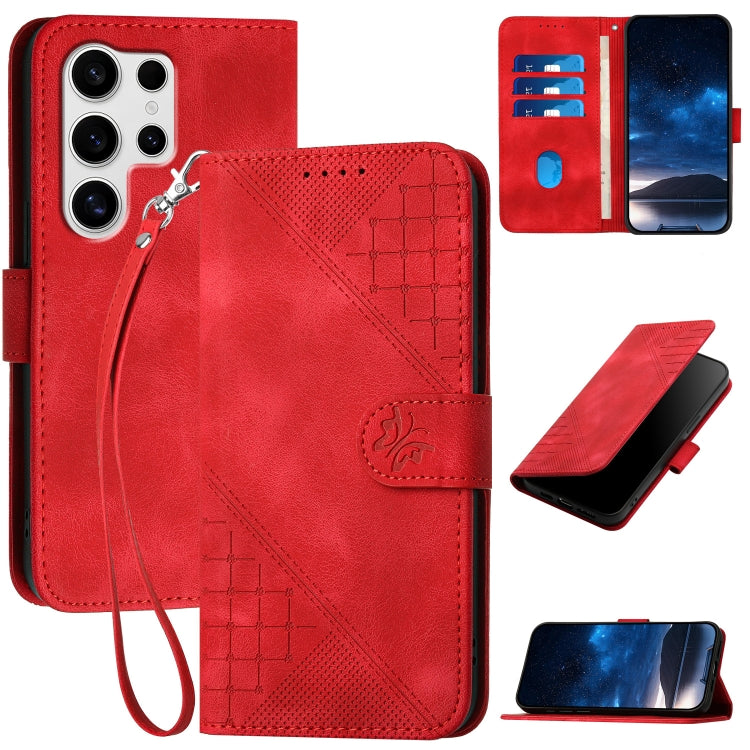 Grid Butterfly Embossed Pattern Leather Phone Case with Lanyard