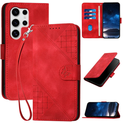 Grid Butterfly Embossed Pattern Leather Phone Case with Lanyard