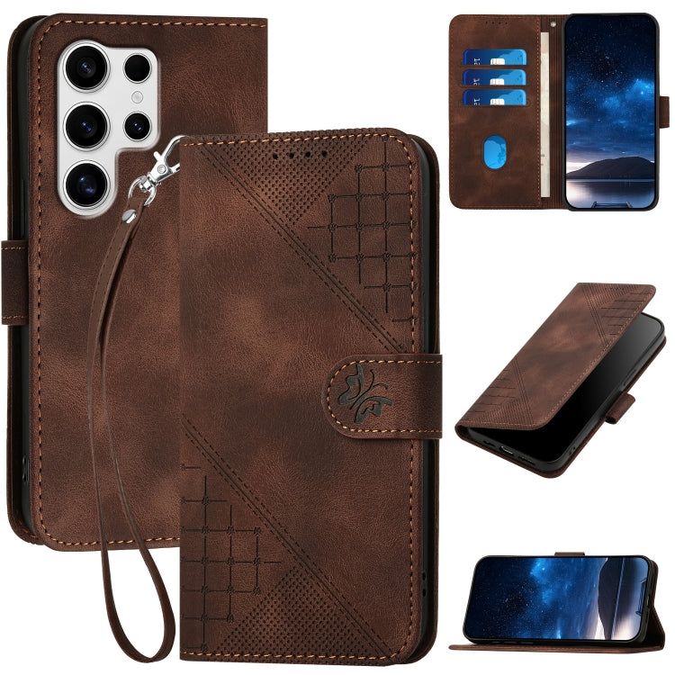 Grid Butterfly Embossed Pattern Leather Phone Case with Lanyard