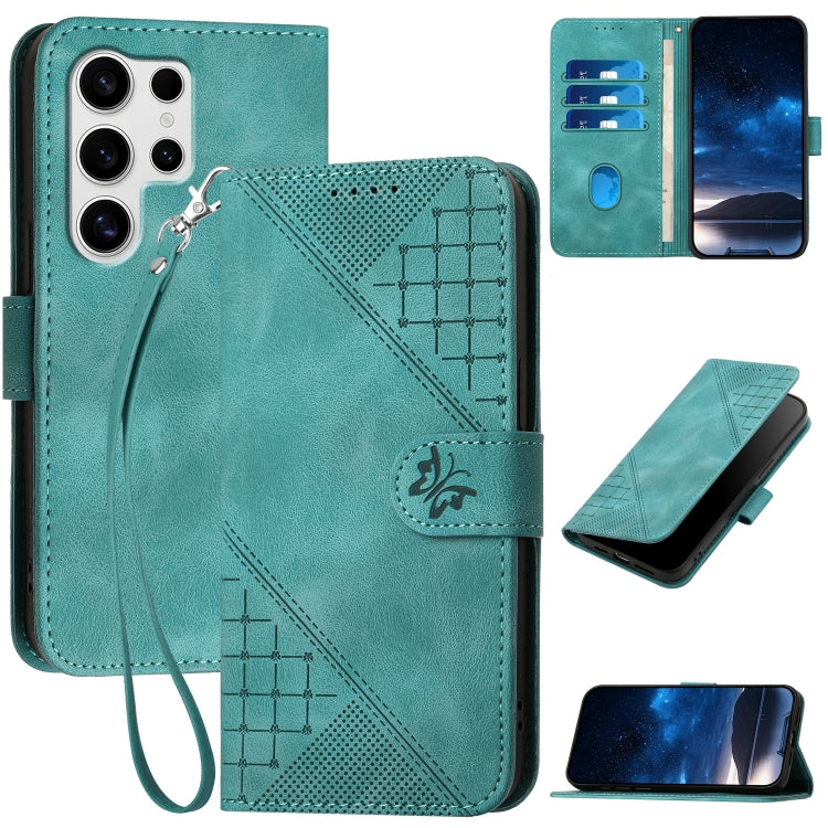 Grid Butterfly Embossed Pattern Leather Phone Case with Lanyard