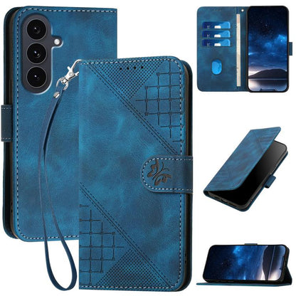 Grid Butterfly Embossed Pattern Leather Phone Case with Lanyard