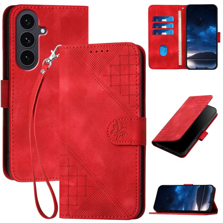 Grid Butterfly Embossed Pattern Leather Phone Case with Lanyard