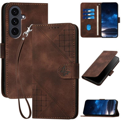 Grid Butterfly Embossed Pattern Leather Phone Case with Lanyard
