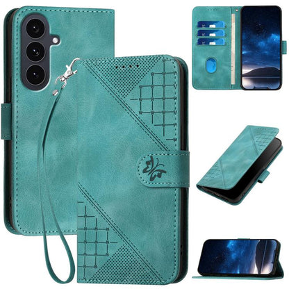 Grid Butterfly Embossed Pattern Leather Phone Case with Lanyard